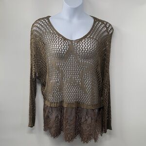 Anthropologie A’reve  Green & Brown Crochet Top with Lace Size S/M